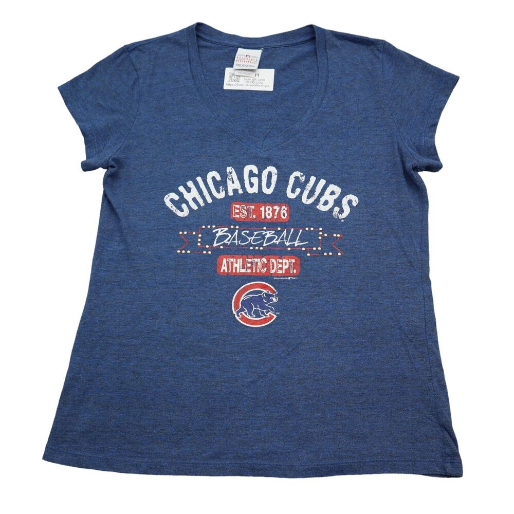 5TH Ocean Shirt Womens L Blue Chicago Cubs Short Sleeve VNeck Knit Casual Tee